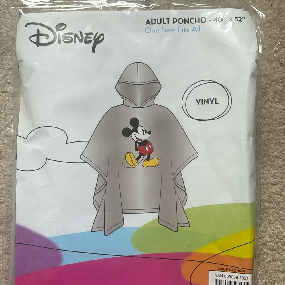 New! Disney Adult Vinyl Poncho NWT 40” x 52”